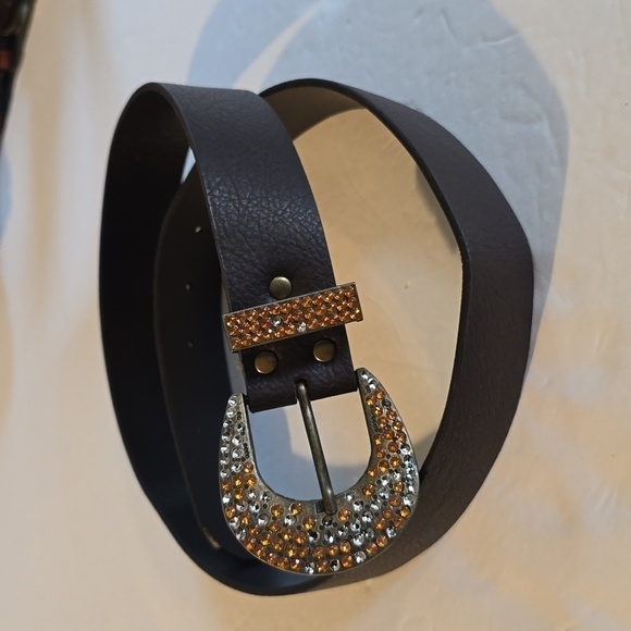 Womens Sparkle Bling Crystals Brown Leather Belt Sz.M/L - Picture 1 of 6